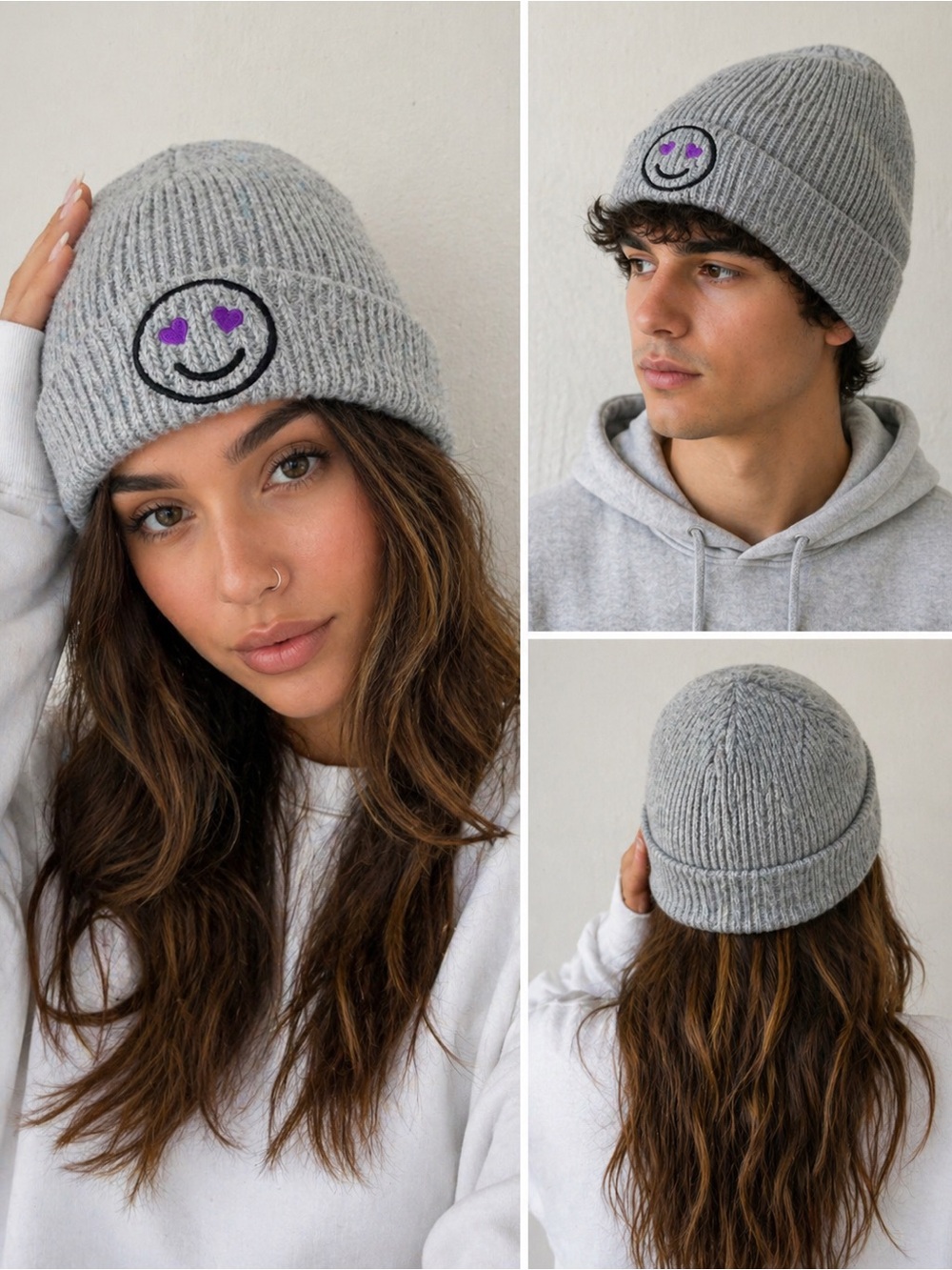 Nordstrom Gray Smiley Heart Eyes Beanie Cute Cozy Y2K Aesthetic Knit Hat